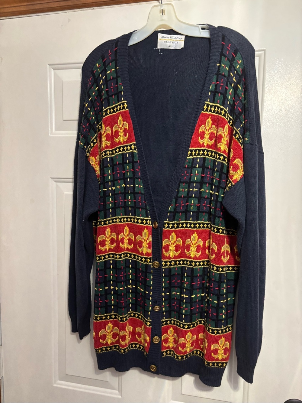 Marisa Christina Navy Cardigan with Red & Gold Jacquard Panels